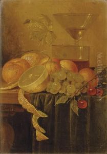 A Peeled Lemon, An Orange,
Peaches, White Grapes And Cherries Near Glassware On A Partially Draped
Table by Jan Davidsz De Heem