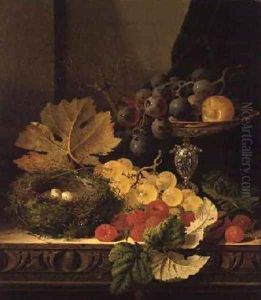 A Still Life of a Birds Nest Grapes in a Silver Dish and other Fruit by Edward Ladell