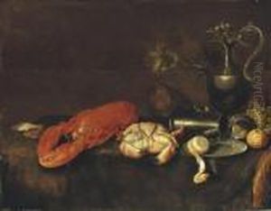 A Lobster, A Crab, An Oyster, A Pewter Pitcher And Various Fruits by Jan Davidsz De Heem