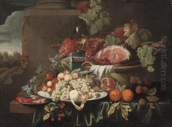 Grapes, A Joint Of Ham, Oranges, Pomegranites, Plums, A Peeled Lemon, Figs - view 1
