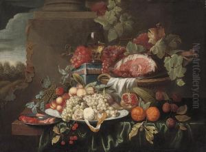 Grapes, A Joint Of Ham, Oranges, Pomegranites, Plums, A Peeled Lemon, Figs
