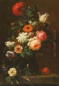 Stilleven Met Veelkleurige Bloemen In Een Glazen Rumfles, Op Een Stenen Plint by Jan Davidsz De Heem