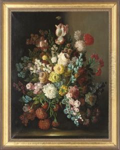 Roses, Tulips, Bluebells, Daisies And Other Summer Blooms In A Vase, On A Stone Ledge by Jan Davidsz De Heem