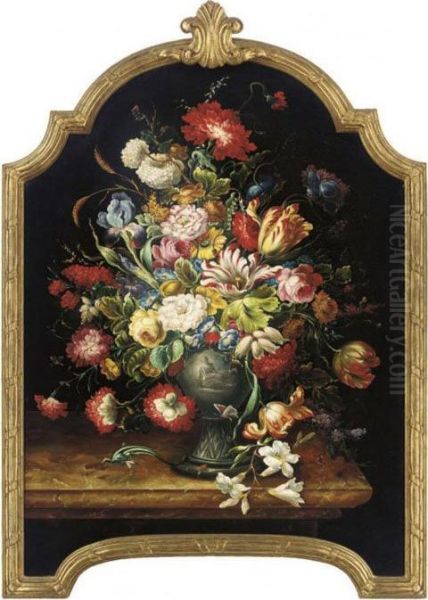Roses, Parrot Tulips, And
Carnations In A Vase On A Marble Ledge;and Irises, Morning Glory And
Butterflies In A Vase, On A Marbleledge - view 1