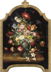 Roses, Parrot Tulips, And 
Carnations In A Vase On A Marble Ledge;and Irises, Morning Glory And 
Butterflies In A Vase, On A Marbleledge by Jan Davidsz De Heem
