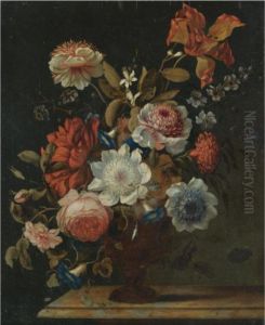 A Still Life With Plums, Grapes,
 Raspberries And A Partly Peeledlemon, Together With A Silver Tazza, All
 On A Stone Ledge