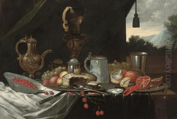 A Pie On A Pewter Platter, A
Silver Beaker, A Tankard, A Pitcher, Alobster, A Partly Peeled Lemon,
Peaches, Grapes, Cherries, Apomegranite, And A Porcelain Bowl Of
Strawberries On A Partlydraped Table, A Landscape Beyond - view 1