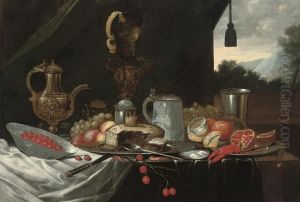 A Pie On A Pewter Platter, A
Silver Beaker, A Tankard, A Pitcher, Alobster, A Partly Peeled Lemon,
Peaches, Grapes, Cherries, Apomegranite, And A Porcelain Bowl Of
Strawberries On A Partlydraped Table, A Landscape Beyond by Jan Davidsz De Heem