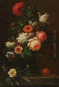 Still Life Withmulticoloured Flowers In A Rum Bottle On A Stone Plinth