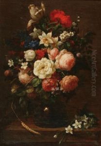 Still Life Withmulticoloured Flowers In A Rum Bottle On A Stone Plinth by Jan Davidsz De Heem
