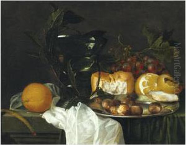 Still Life With A Roemer, A 
Peeled Lemon, Bread, An Oyster Andchestnuts On A Pewter Dish, Grapes, A 
Taper And An Orange On Aledge Partly Draped With A White Cloth - view 1