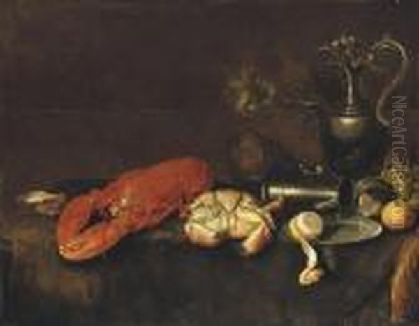 A Lobster, A Crab, An Oyster, A 
Pewter Pitcher, A Partially Peeledlemon, An Apple And Grapes On A Draped
 Table - view 1