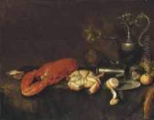 A Lobster, A Crab, An Oyster, A 
Pewter Pitcher, A Partially Peeledlemon, An Apple And Grapes On A Draped
 Table by Jan Davidsz De Heem