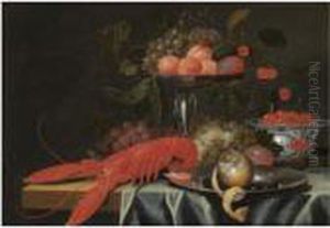 A Still Life With Apricots,
Cherries And Grapes In A Silver Tazza, Cherries In A Porcelain Dish, Red
And White Grapes, Together With A Lobster, A Shrimp And A Partly Peeled
Lemon On A Silver Dish, On A Partially Draped Table by Jan Davidsz De Heem