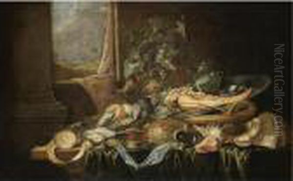 A Still Life With A Knife, A
Partly-peeled Lemon, A Compass, An Oyster, A Sword, Shells, Wine Leaves
Around A Roemer Of Wine And The Jawbone Of An Ass On A Pewter Plate, All
On A Partly-draped Table, A Landscape Beyond - view 1
