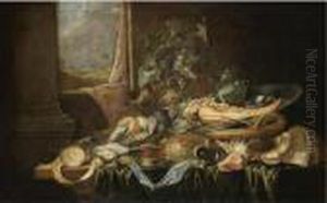 A Still Life With A Knife, A 
Partly-peeled Lemon, A Compass, An Oyster, A Sword, Shells, Wine Leaves 
Around A Roemer Of Wine And The Jawbone Of An Ass On A Pewter Plate, All
 On A Partly-draped Table, A Landscape Beyond by Jan Davidsz De Heem