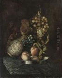 Peaches On A Pewter Plate, With A Wicker Ewer And Grapes To The Side by Jan Davidsz De Heem