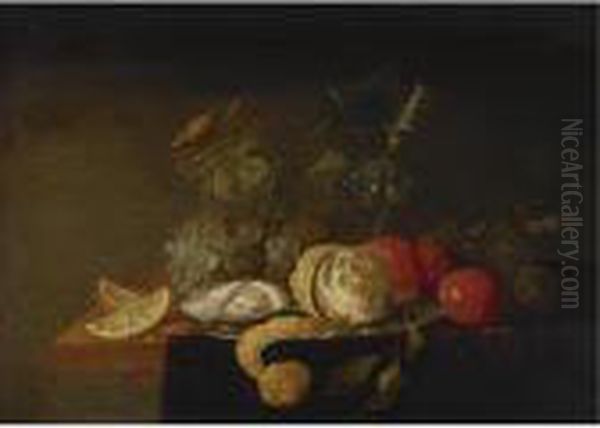 Still Life With A Peeled Lemon, Orange Slices, An Oyster, Plums, Grapes And A - view 1