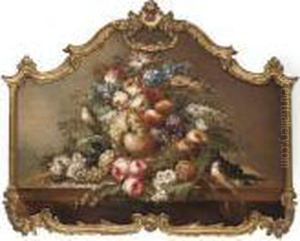 Summer Flowers, Grapes, Apples, A Pineapple And Songbirds, On A Stone Ledge - view 1