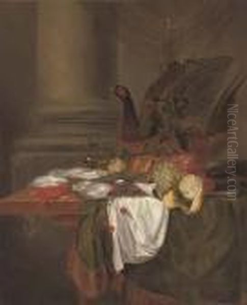 Pheasant Pie, Grapes, A
Partly-peeled Lemon, Oysters On A Pewter Dish, Cherries, Shrimp And A
Langoustine On A Partly-draped Table - view 1
