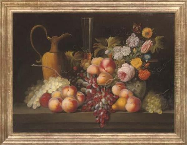 Grapes, Peaches And A Jug With A Vase Of Flowers To The Side, On A Stone Ledge - view 1