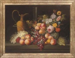 Grapes, Peaches And A Jug With A Vase Of Flowers To The Side, On A Stone Ledge