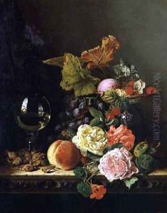 A Wine Glass Grapes Nuts and Roses on a Ledge by Edward Ladell