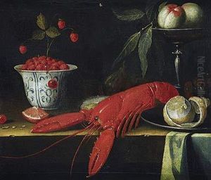 Bodegon Con Langosta, Plato Con Limon Y Otros Objetos Y Frutas Sobre Una Repisa