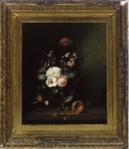 Iris, Carnation, Pink Roses, 
Hibiscus And Honeysuckle In A Glass Vase With A Pomegranate To The Side,
 On A Stone Ledge