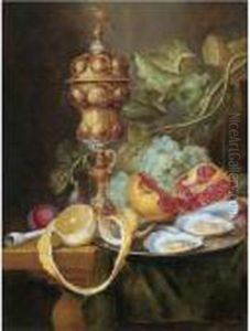 Still Life With A Gilt Pokal, A
Bunch Of Grapes, A Plum, A Fig, A Partly Peeled Lemon, With Oysters And
An Open Pomegranate On A Pewter Plate, All Arranged On A Partly Draped
Table by Jan Davidsz De Heem