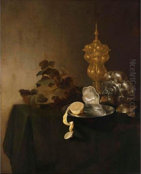 A Still Life Of A Tazza, A 
Peeled Lemon On A Pewter Plate, A Silver-gilt Cup With Cover And Grapes,
 All On A Table Draped With A Green Cloth - view 1