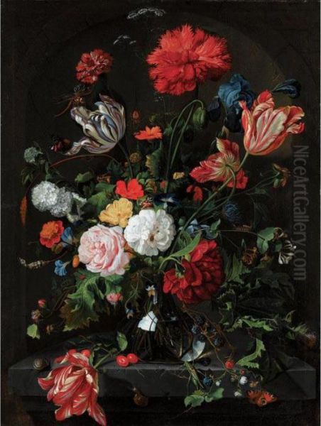 Still Life With Flowers In A 
Glass Vase On A Stone Ledge Before A Niche, With A Red Admiral, A 
Grasshopper, Other Insects And Snails - view 1