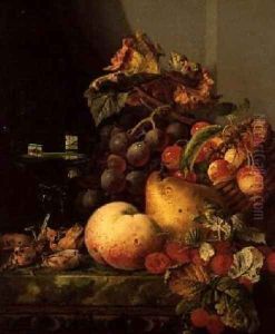 A Still Life of a Glass of Wine Cherries and other fruit on a Ledge by Edward Ladell