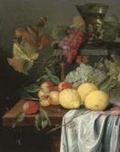 Lemons, Peaches, Prawns And Grapes With A Magpie Butterfly by Jan Davidsz De Heem