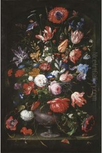 Roses, Tulips, Marigolds, A
Geranium And Other Flowers In Asculpted Vase With Butterflies by Jan Davidsz De Heem
