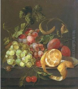 A Partly Peeled Orange On A
Pewter Platter With Grapes, Plums,cherries And A Snail, On A Stone Ledge by Jan Davidsz De Heem