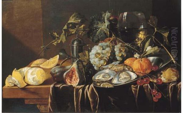 A Pronk Still Life With Oysters,
 Oranges And Cherries On A Pewterplate, A Partly-peeled Lemon, A Plum, 
Grapes, A Fig, A Pewter Salt,a Bun, A Roemer And A Tall Flute On A 
Partly-draped Table - view 1