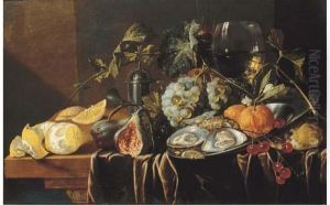 A Pronk Still Life With Oysters,
 Oranges And Cherries On A Pewterplate, A Partly-peeled Lemon, A Plum, 
Grapes, A Fig, A Pewter Salt,a Bun, A Roemer And A Tall Flute On A 
Partly-draped Table by Jan Davidsz De Heem