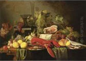 A Still Life With A Lobster, 
Crabs And Shrimps On Silver Plates, Lemons, Apricots, Black And White 
Grapes, Prunes, A Ham In A Basket, And A Bun Together With A Berkemeier 
On A Box And A Flute, All On A Wooden Table Draped With A Green 
Tablecloth by Jan Davidsz De Heem