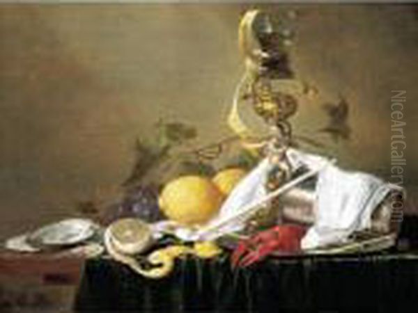 Still Life Of A Wine-glass On A
Parcel-gilt Stand, An Overturned Silver Beaker And A Lobster On A Pewter
Plate, Together With A Clay Pipe, Lemons, Grapes, Shrimps And Oysters,
All Arranged Upon A Table-top Draped With A Green Cloth - view 1