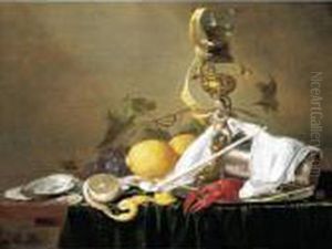 Still Life Of A Wine-glass On A 
Parcel-gilt Stand, An Overturned Silver Beaker And A Lobster On A Pewter
 Plate, Together With A Clay Pipe, Lemons, Grapes, Shrimps And Oysters, 
All Arranged Upon A Table-top Draped With A Green Cloth by Jan Davidsz De Heem