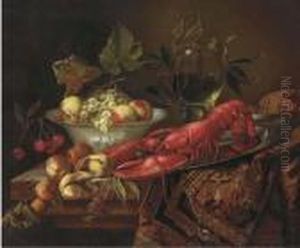 A Goblet Of Wine, A Bowl Of
Peaches And Grapes, A Lobster On A Salver By A Peeled Lemon, Apricots,
Raspberries And A Rug On A Ledge by Jan Davidsz De Heem