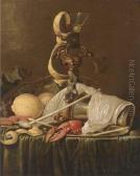 Lemons, Grapes On The Vine, 
Prawns, A Lobster On A Pewter Dish Anda Roemer On A Stand, On A Draped 
Table - view 1