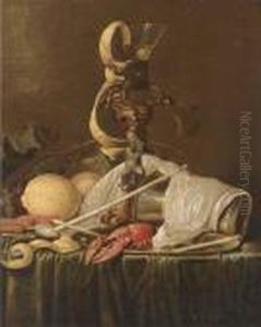 Lemons, Grapes On The Vine,
Prawns, A Lobster On A Pewter Dish Anda Roemer On A Stand, On A Draped
Table by Jan Davidsz De Heem