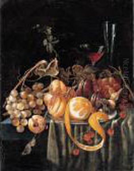 A Still Life Of Grapes, 
Apricots, Plums, Cherries And A Peeled Orange, Together With Glasses On A
 Table - view 1