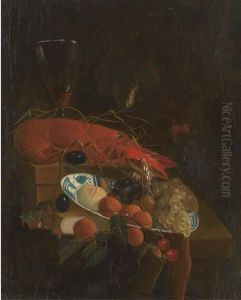 A Lobster, A Roemer Of Wine, A
Book, Grapes, Cherries, Plums And Other Fruit In A Dish On A
Partly-draped Ledge by Jan Davidsz De Heem
