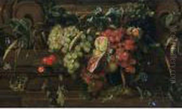 A Still Life With White And Blue
Grapes, Peaches, Cherries, A Fig, An Ear Of Wheat, Oak Leaf And Acorns,
A Sweet Chestnut, Filbert Nuts, Hawk-weed, A Medlar, A Garden Tiger
Moth, Together With Borage, And Other Flowers, All Against A Decorative
Sc - view 1