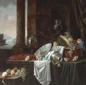 A Basket Of Fruit, An Overturned
Ewer, A Porcelain Bowl With Grapes And A Lobster On A Partially Covered
Table In An Architectural Interior, A Landscape Beyond by Jan Davidsz De Heem