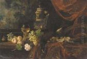 Assorted Fruits, Flowers And Game With A Roemer Glass And Silvertankard On A Table