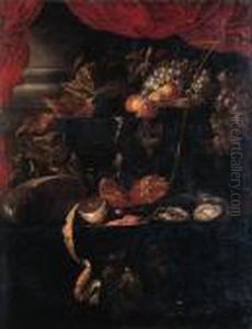 Grapes, Vines, Peaches And A 
Fob-watch On A Jewelry Box, Shrimpsand A Peeled Lemon On A Pewter Plate,
 Oysters, A Pomegranate, Agiant Berkemeyer And A Nautilus Shell On A 
Draped Table By A Drapedcolumn by Jan Davidsz De Heem